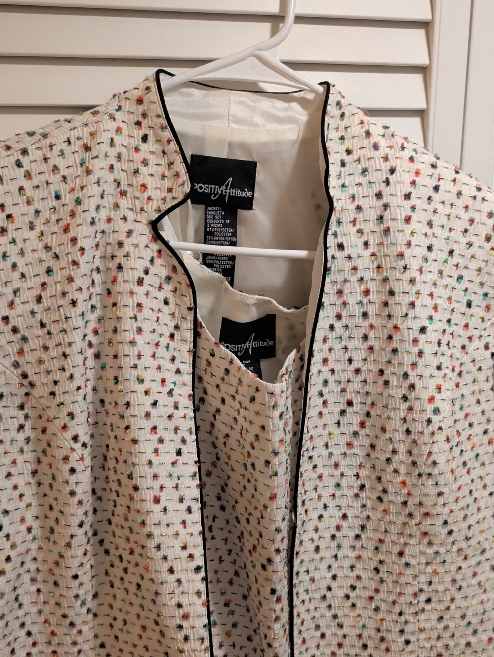 Positive Attitude Cream Tweed Blazer with Multicolor Flecks and Black Piping
